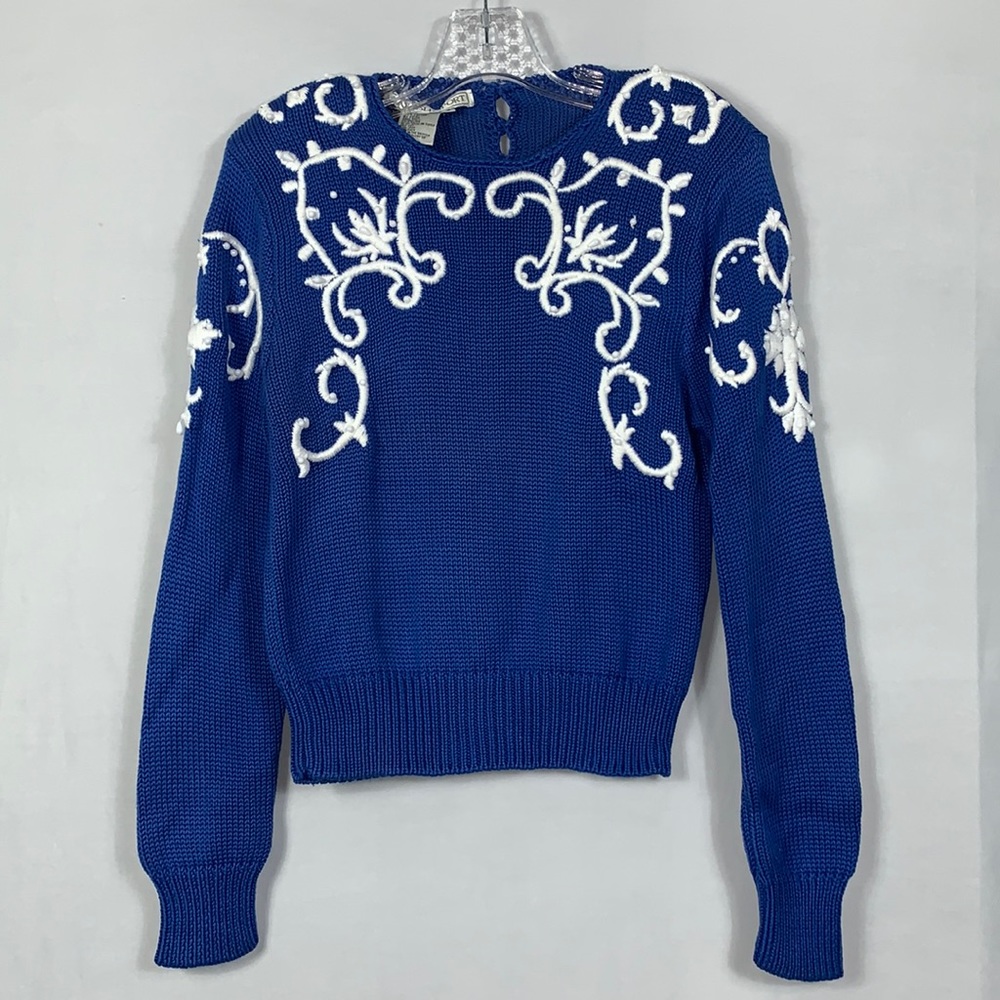 Vintage Carlisle Sport Cotton Embroidered Bead details Shoulder Pads Sweater L